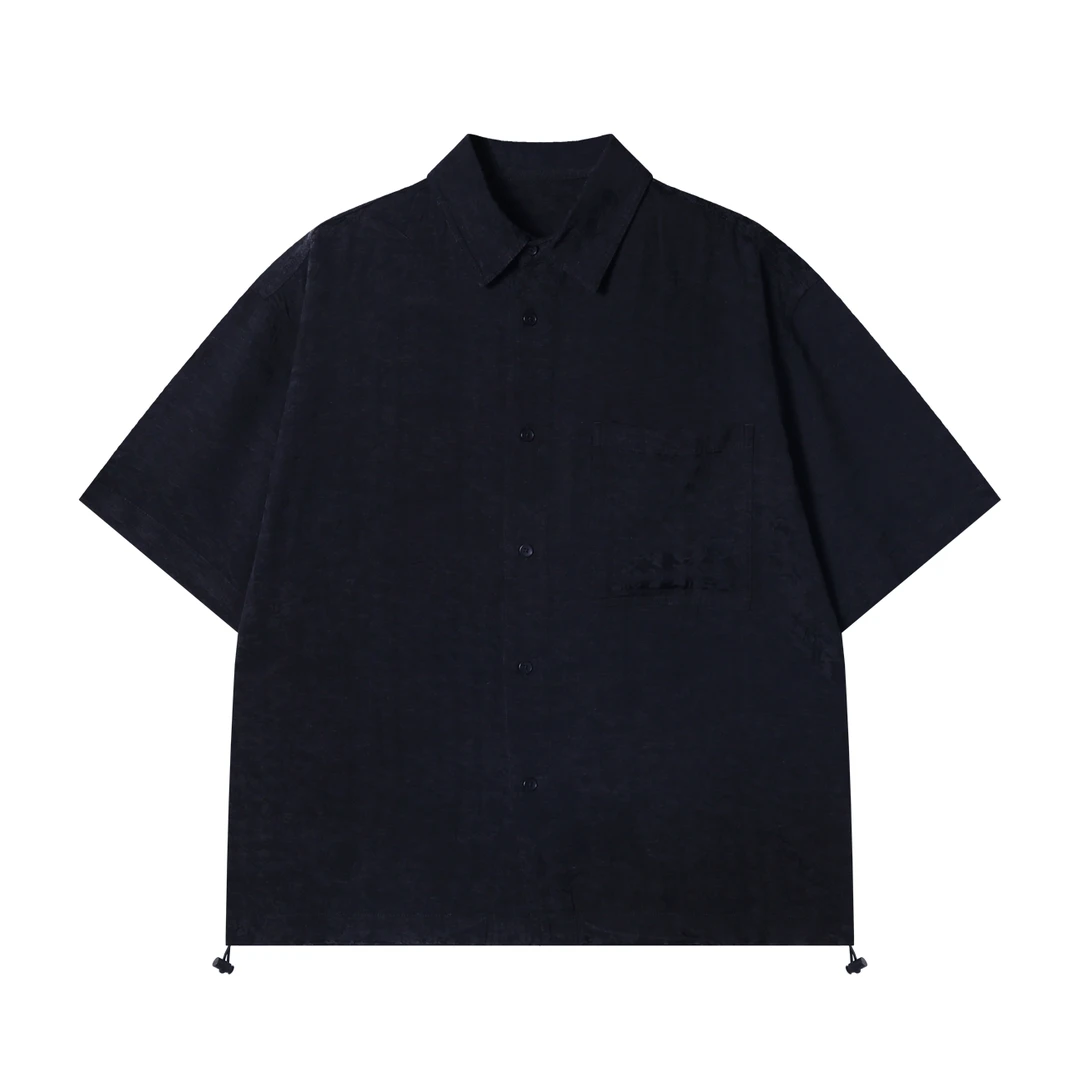 夏季高级感新款韩版纯色暗纹提花短袖衬衫下摆松紧设计百搭衬衣