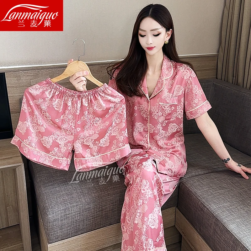 兰麦菓2025夏季新款短袖睡衣女士三件套新中式高级感家居服出门款