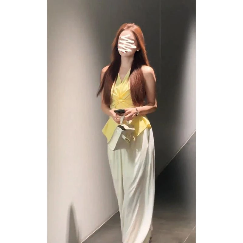 parkyeon夏季新款法式气质褶皱V领无袖上衣百搭高腰显瘦阔腿裤