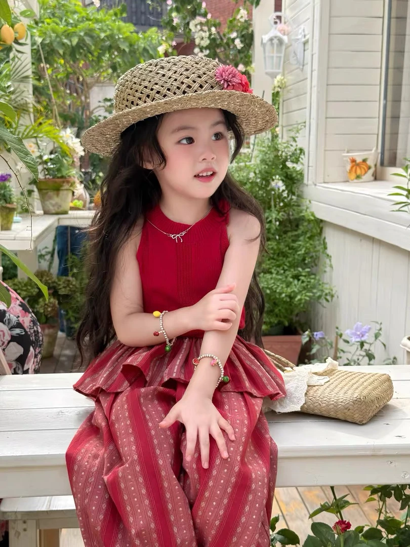 夏季新款女童棉感薄款针织挂脖吊带背心舒适无袖套装