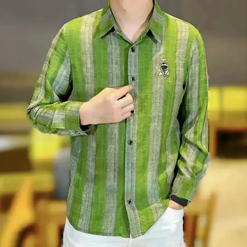 高品质秋季新款男士绿野仙踪定制纽扣修身帅气薄款翻领长袖衬衫