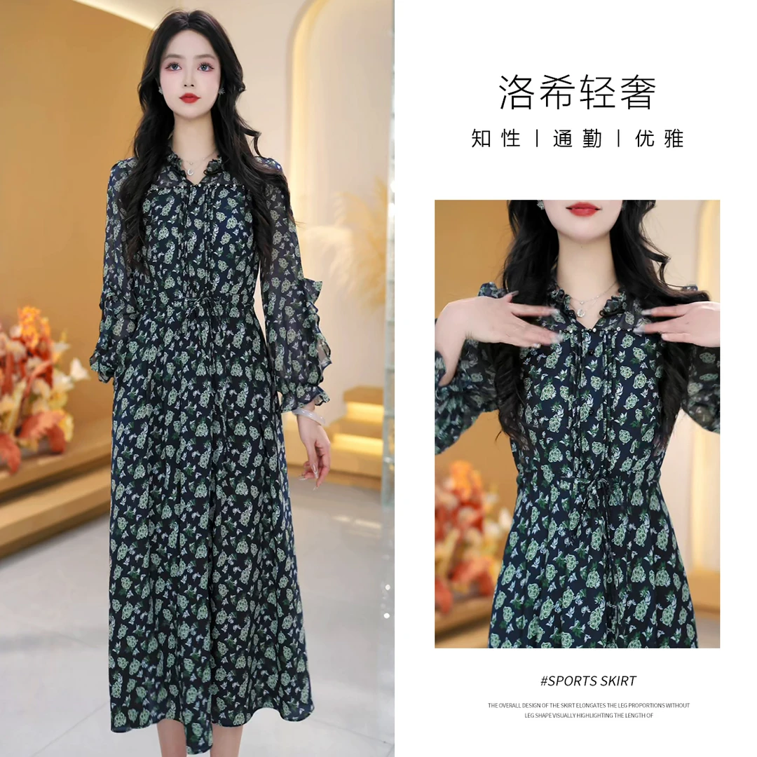 夏季碎花木耳边减龄裙显瘦法式春季连衣裙时尚印花收腰轻职风