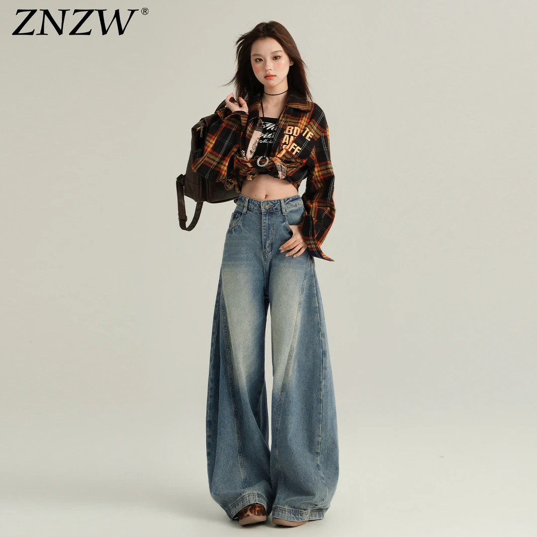 ZNZW美式弯刀牛仔裤女2025新款秋季做旧高腰阔腿小个子镰刀裤女