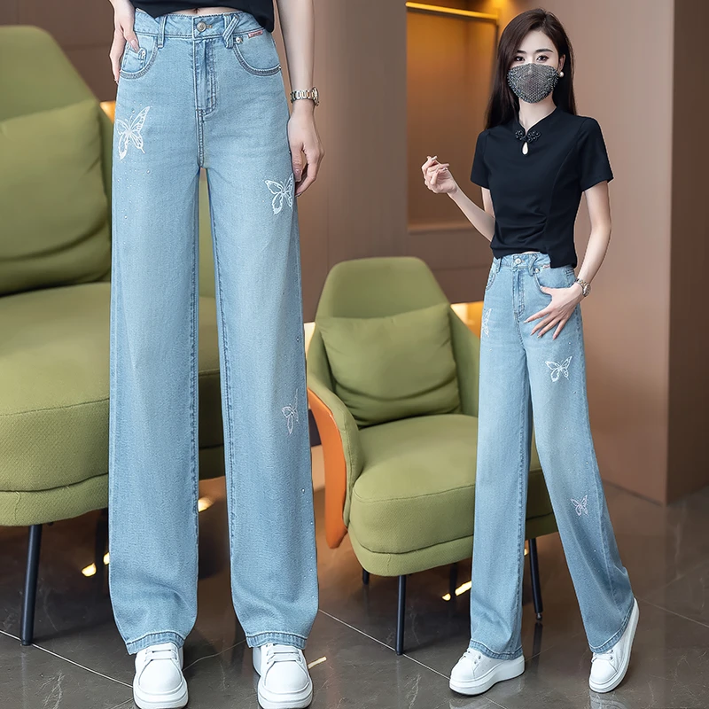 高腰夏季新款蝴蝶设计感牛仔直筒裤2025薄款垂感修身显瘦阔腿裤女