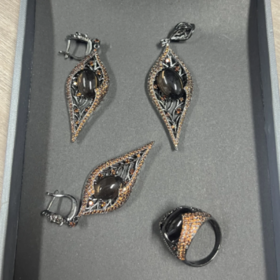 925银合成锆石耳饰 复古个性小众时尚耳环吊坠戒指套装 GPS-5052