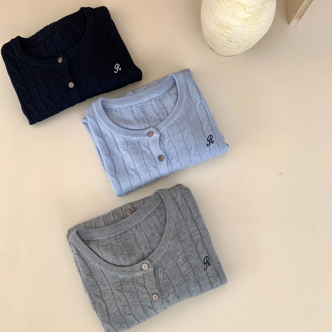 FUJIA STYLE新款韩版气质简约复古麻花条纹刺绣开衫Z2505