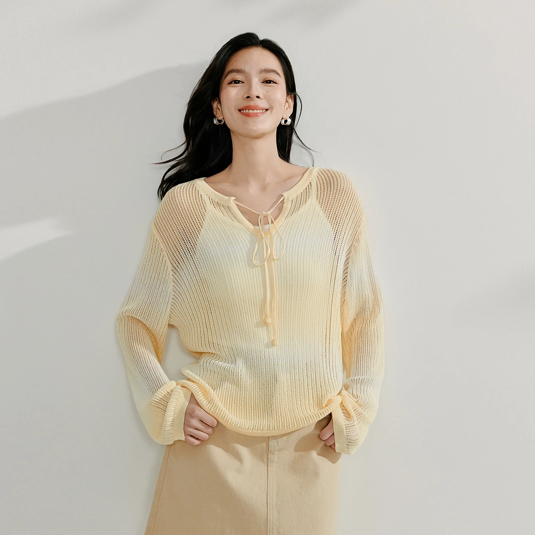 【一秒入夏】茵曼夏季薄款凉感镂空针织衫落肩长袖休闲宽松针织衫