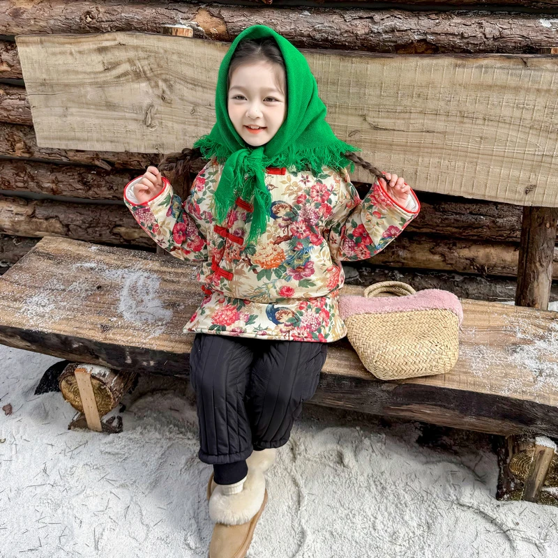 宝宝手工棉花棉袄儿童东北大花棉服加厚纯棉女童冬季棉衣棉裤套装
