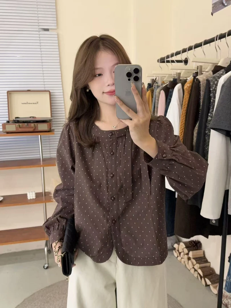 【星光点点】韩版圆领长袖波点宽松型衬衫7338