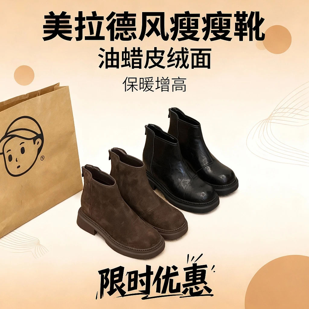 晚睡兰·内增高8cm短靴女款厚底烟筒靴秋冬加绒美拉德瘦瘦马丁靴女