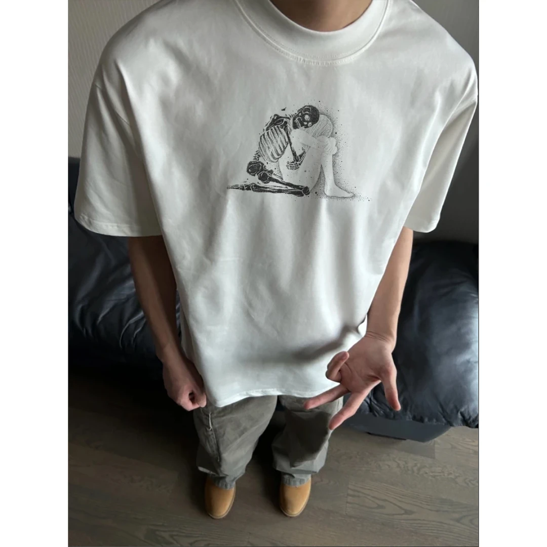 100%纯棉320克重磅短袖T恤印花情侣街头美式高街百搭小众设计上衣