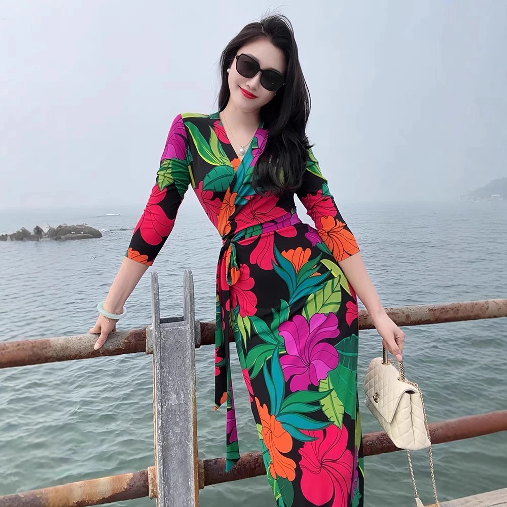 PG DVF法式轻奢丛林花语印花裹身裙修身显瘦度假一片式气质时尚连