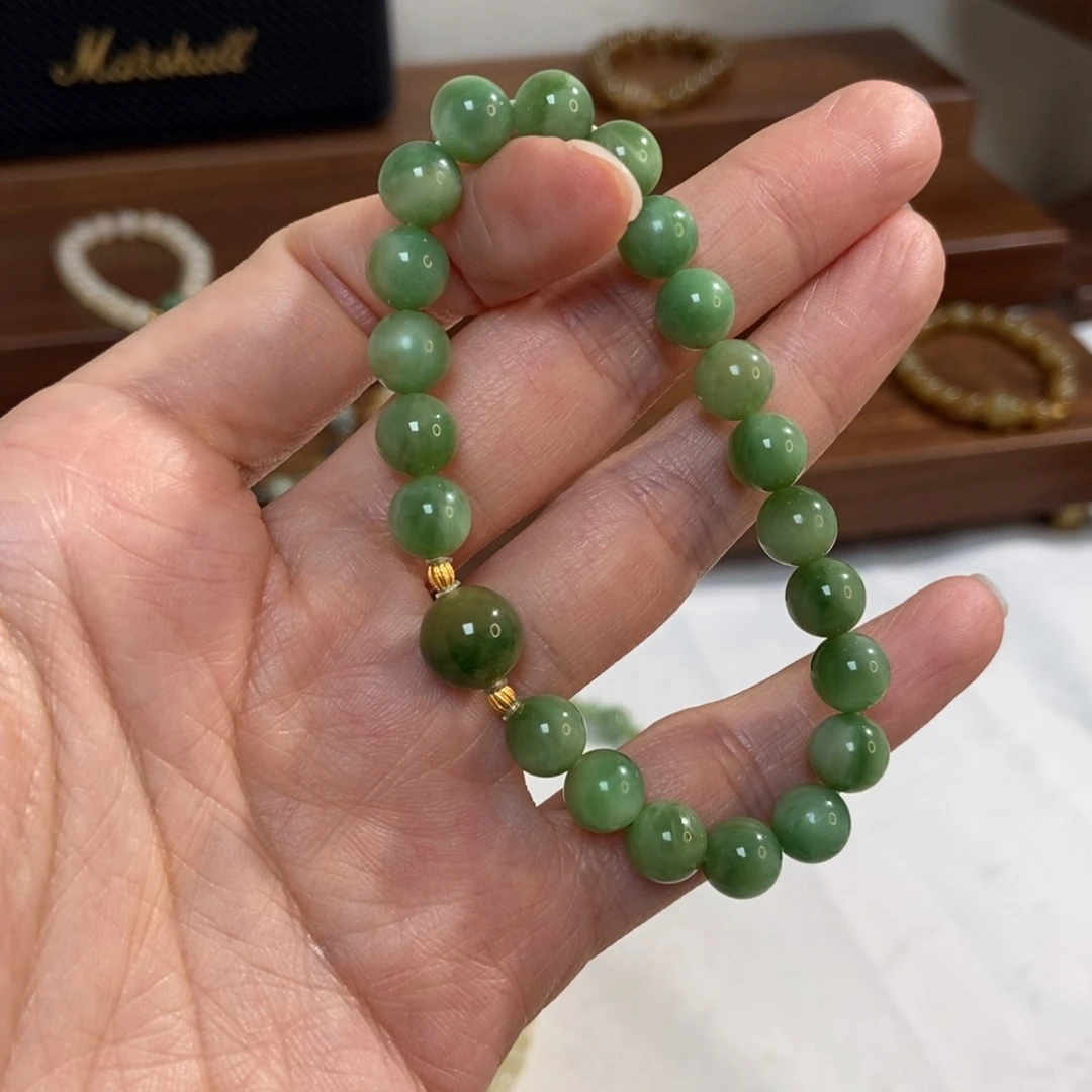 和田玉18K金镶嵌手链8mm黑阳洞碧玉精品