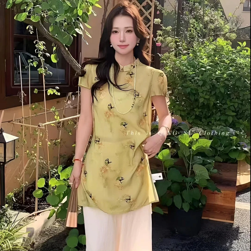新中式国风印花衬衫女2025夏季新款高级感宽松气质旗袍上衣+裤子