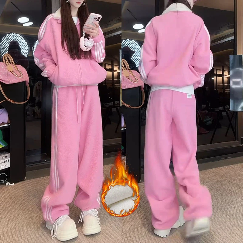 高级感羊羔绒休闲运动套装女秋冬新款加绒加厚宽松拉链卫衣两件套