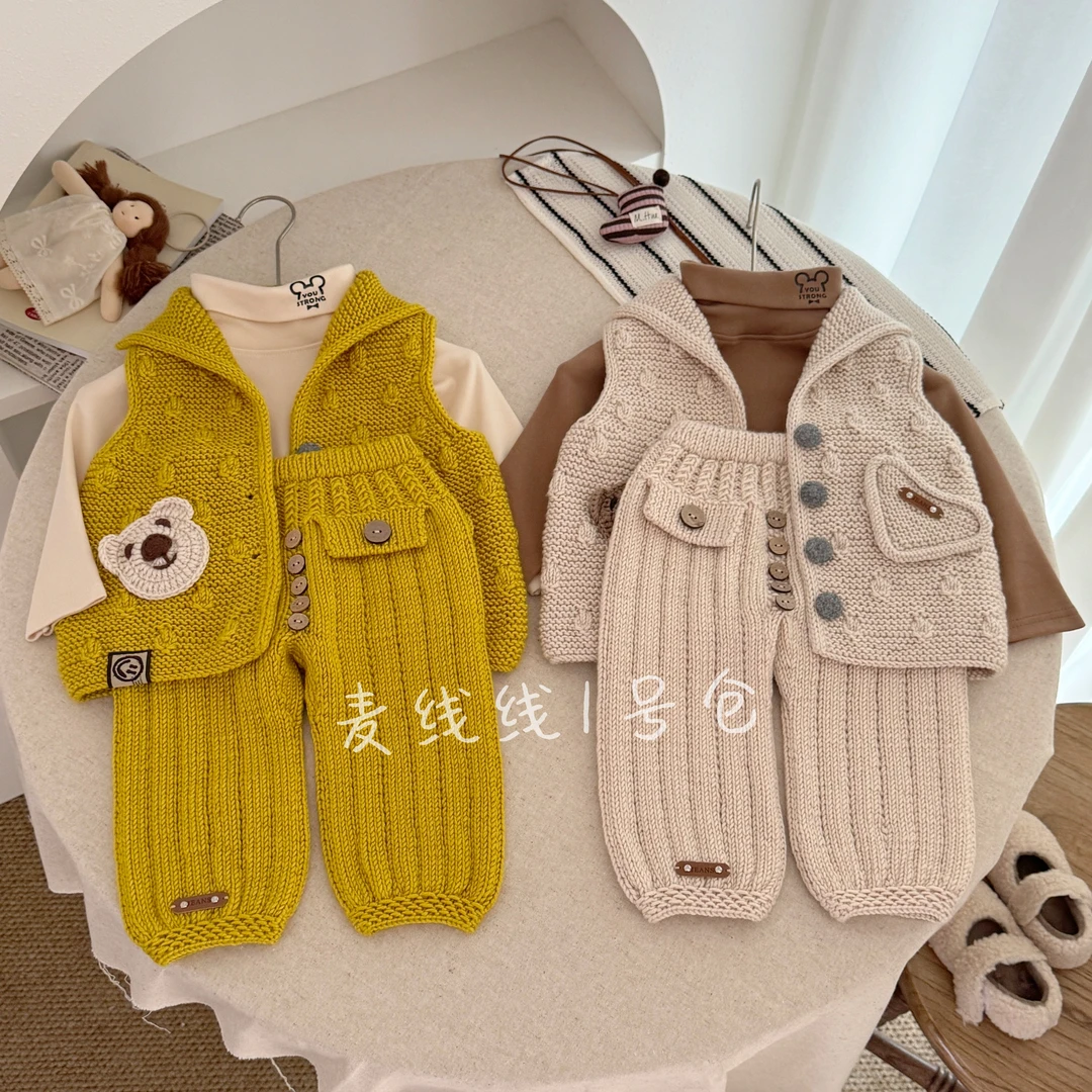 39#+34#纯色（小爱心口袋豆豆花马甲+森系休闲裤）材料包手工毛线