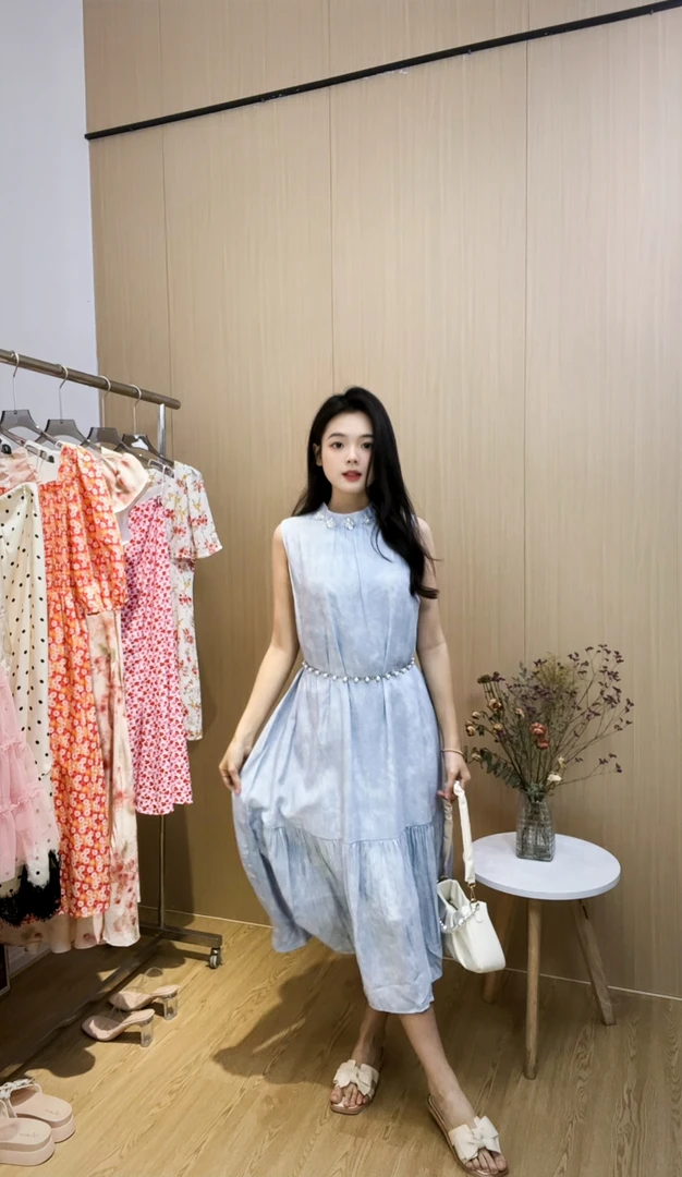 【小雅家】系带时尚圆领裙子甜美蓝色夏季气质法式收腰不褪色连衣裙