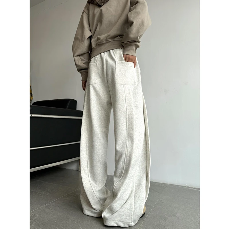 白灰色拼接垂感弯刀休闲卫裤男春秋美式复古潮牌宽松直筒阔腿裤子