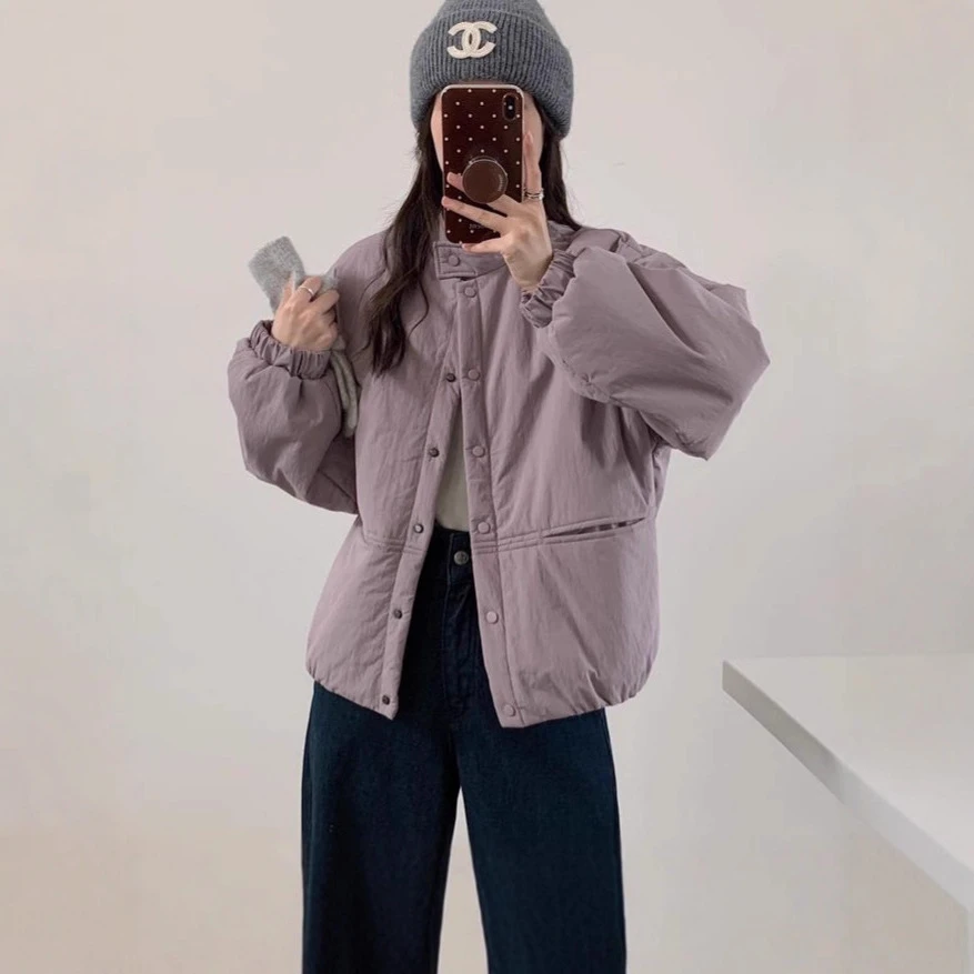 25冬季新款灰紫色棉服高级感立领按扣小个子厚棉衣外套韩版上衣女