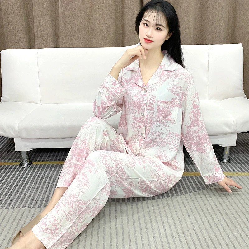 新款春秋季棉绸睡衣女莫代尔V领开衫空调服可外穿家居服套装Y156