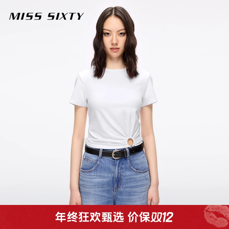 Miss Sixty2025夏季新款短袖T恤女圆领钻饰弹力修身显瘦短款上衣