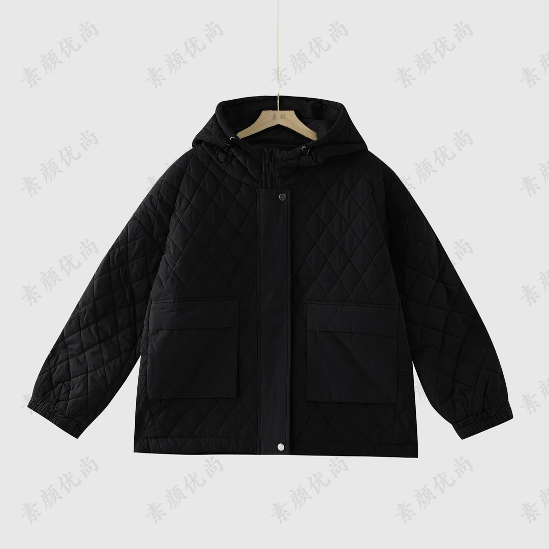 【素颜】2025冬季新款百搭菱形格加厚保暖可调节连帽外套