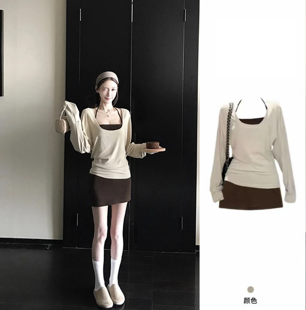 S-4XL大码胖MM复古独特绝美罩衫上衣挂脖吊带半身裙三件套装女