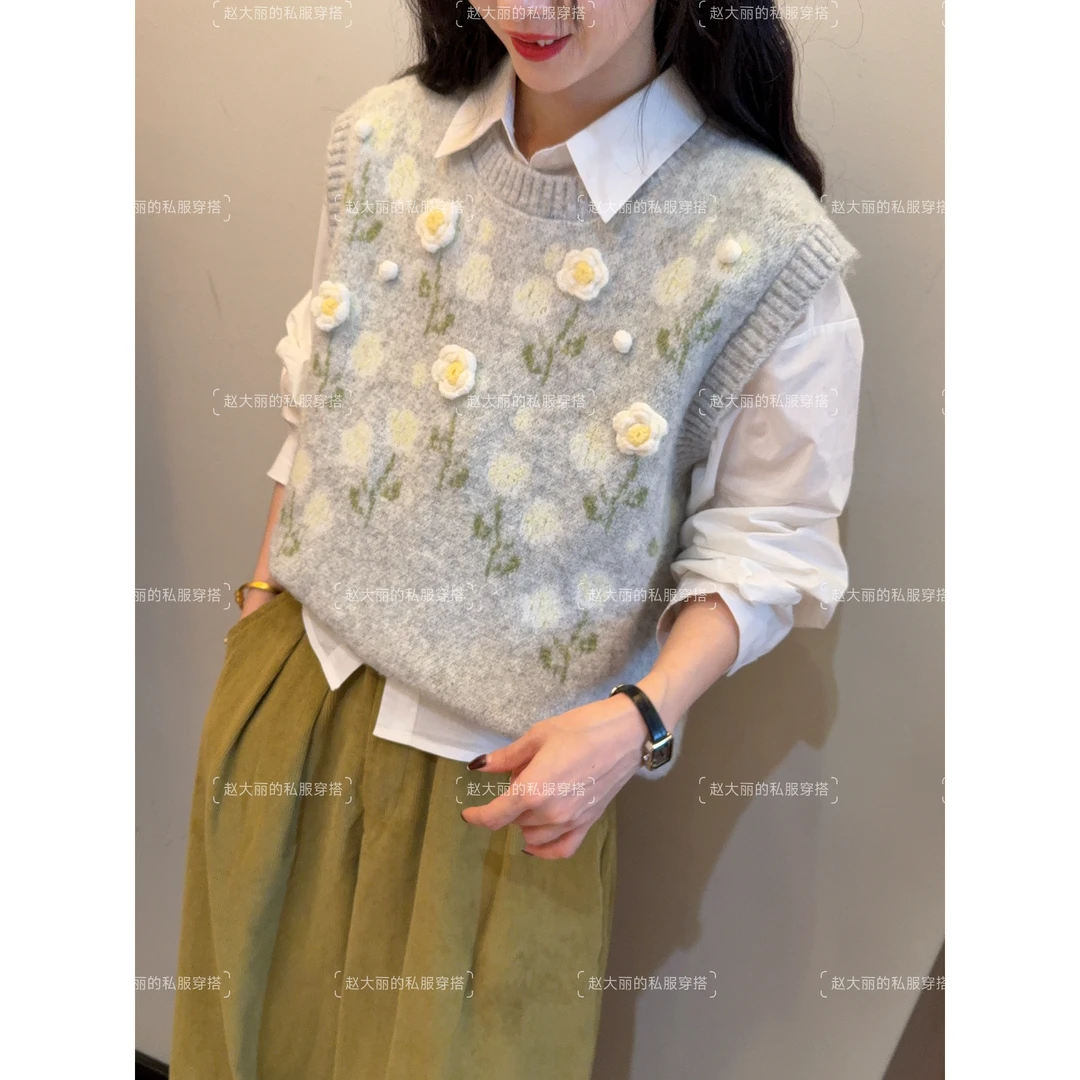 老赵服饰 立体花朵针织衫马甲+长袖衬衫两件套装21AU4040