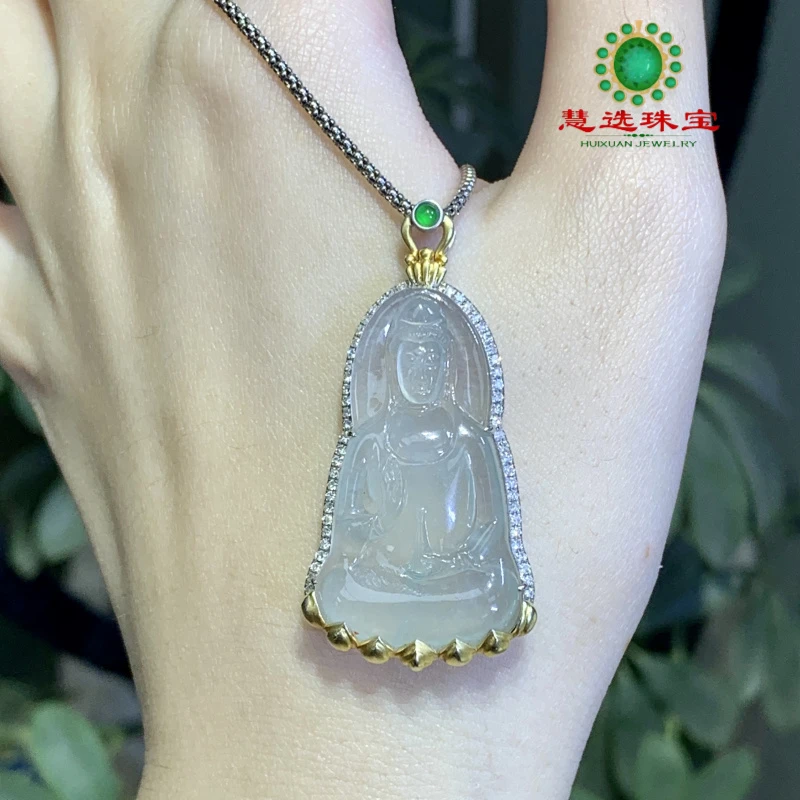 春日珠宝天然缅甸A货翡翠冰胶晴底观音豪镶吊坠Ｈ