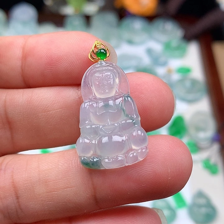 颈饰18K金镶嵌翡翠天然缅甸A货翡翠冰种观音