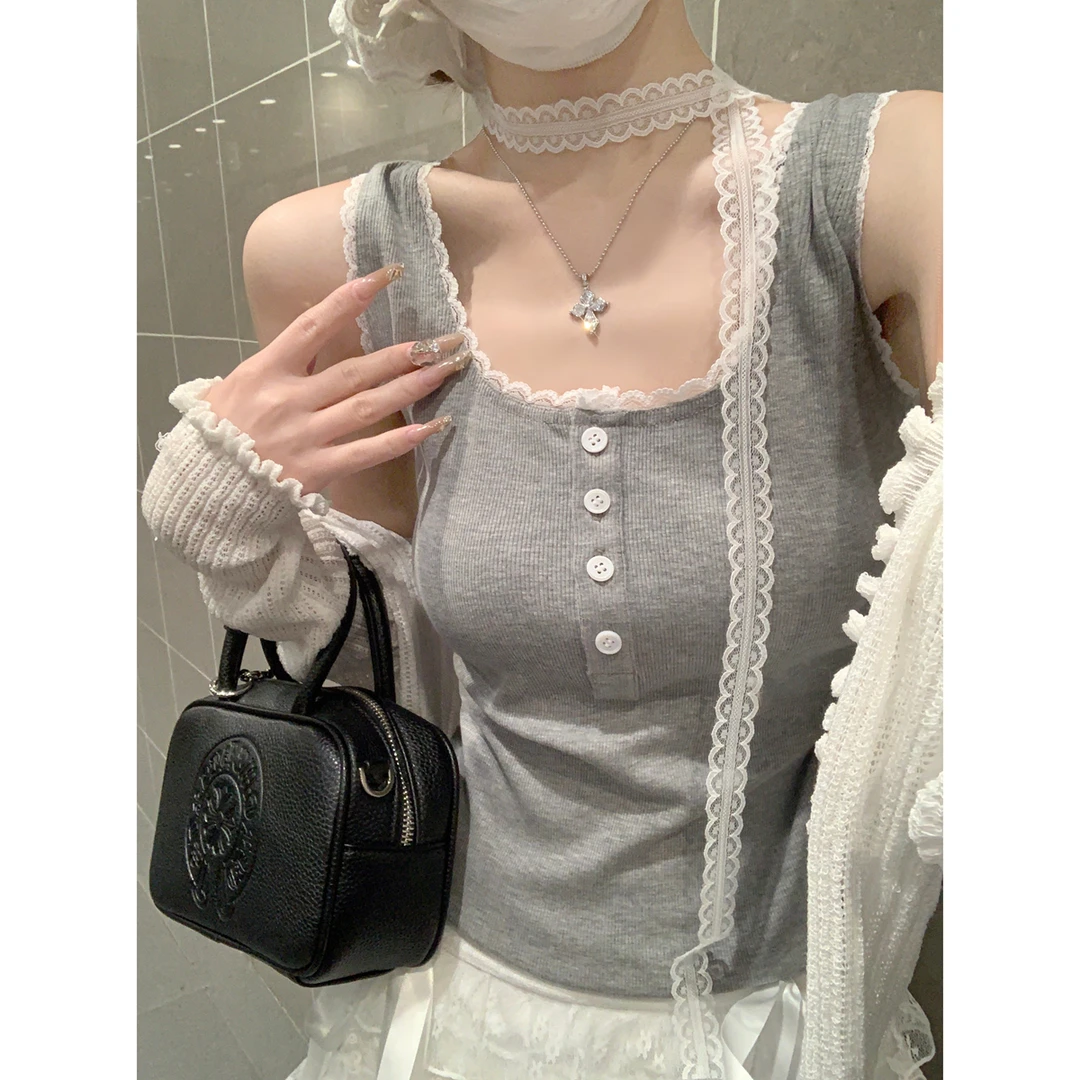 千金风蕾丝方领甜美纽扣吊带背心女春夏季外穿遮副乳内搭打底上衣