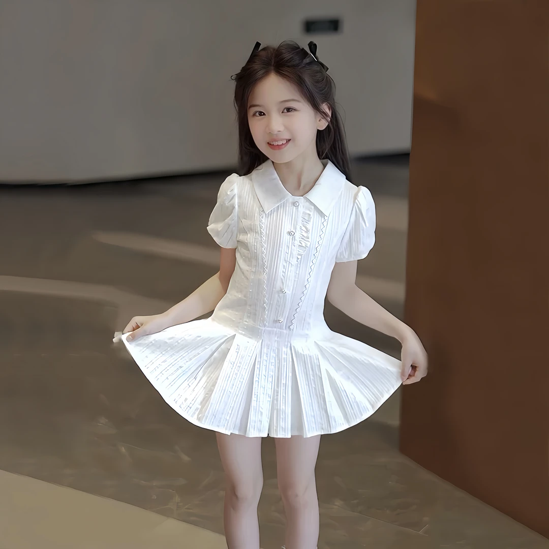 【专柜品质】女童夏季连衣裙2025韩版洋气白色百褶裙时尚甜美公主裙
