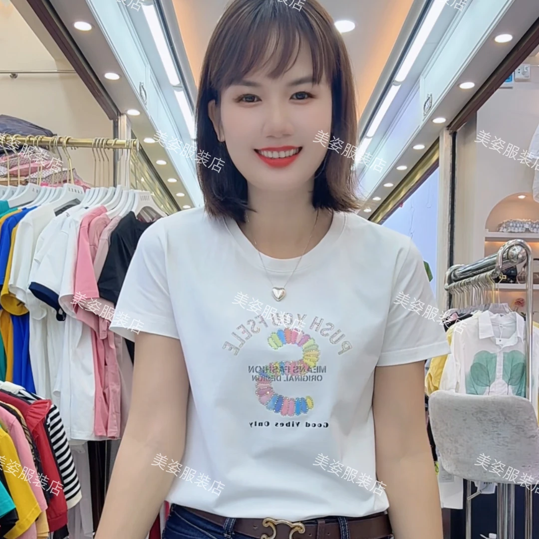 0341时尚潮流新款短袖字母烫钻休闲百搭女装洋气T恤显瘦夏季圆领