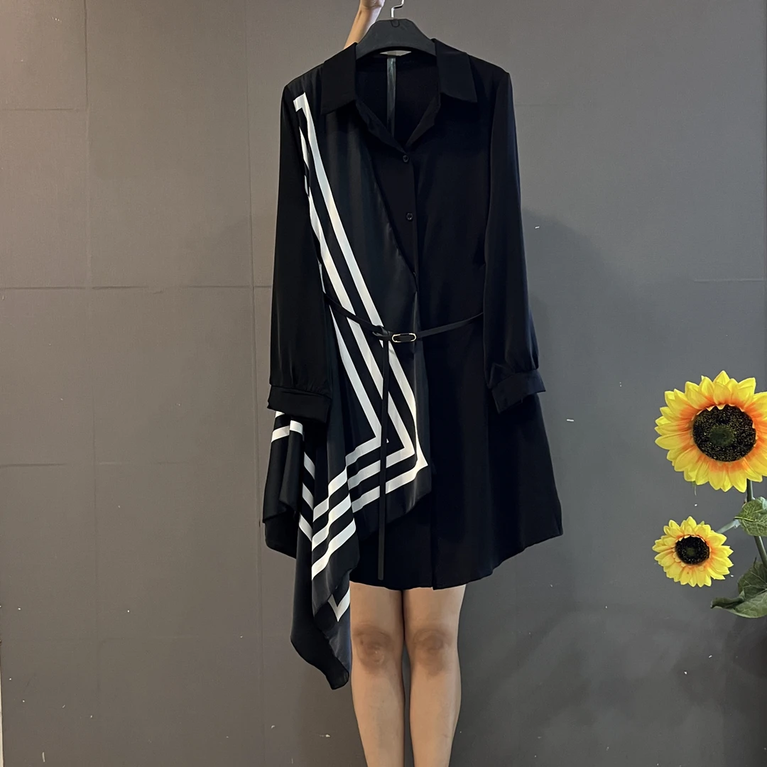 早秋新款时尚通勤风衬衫领条纹飘带拼接宽松遮肚大码连衣裙