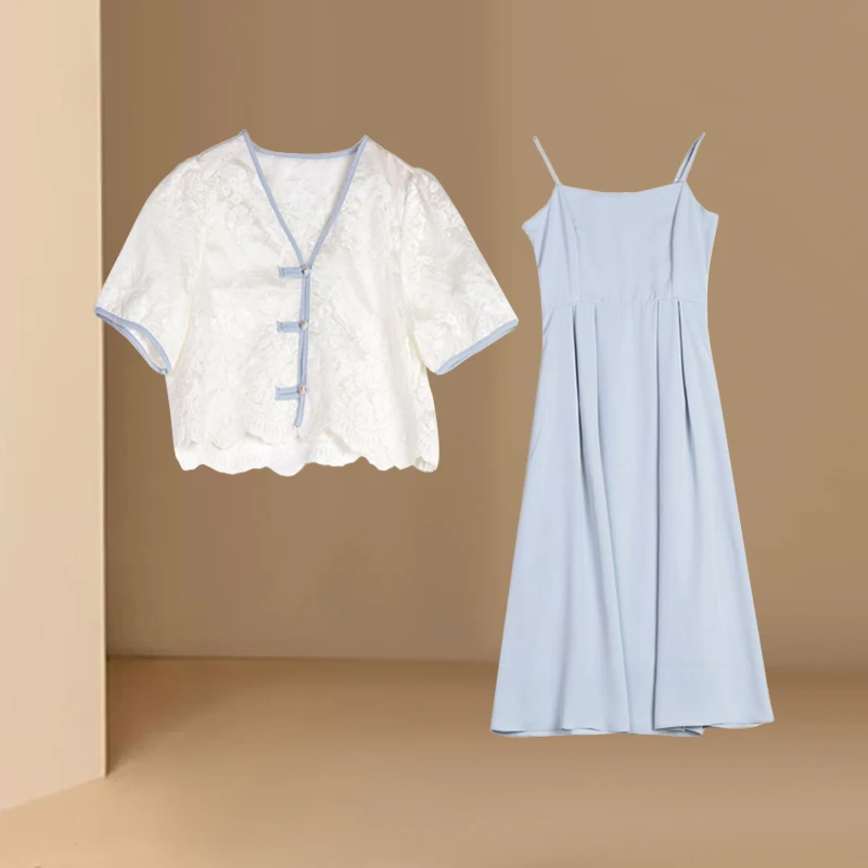 新中式国风复古衬衫短外套女士夏季高级感收腰吊带连衣裙两件套装