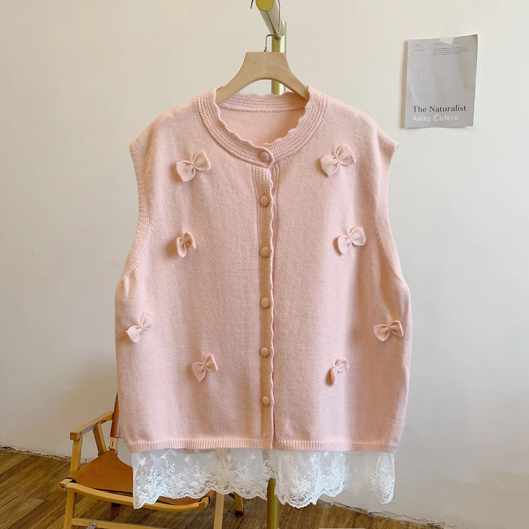 风轻C4802蝴蝶结蕾丝拼接圆领针织开衫马甲