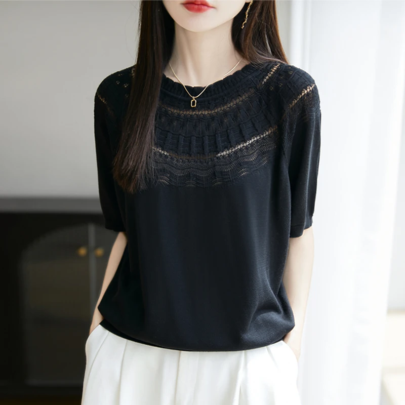 哥弟阿玛施正品夏季新款天丝圆领花边镂空显瘦薄款针织短袖女T恤