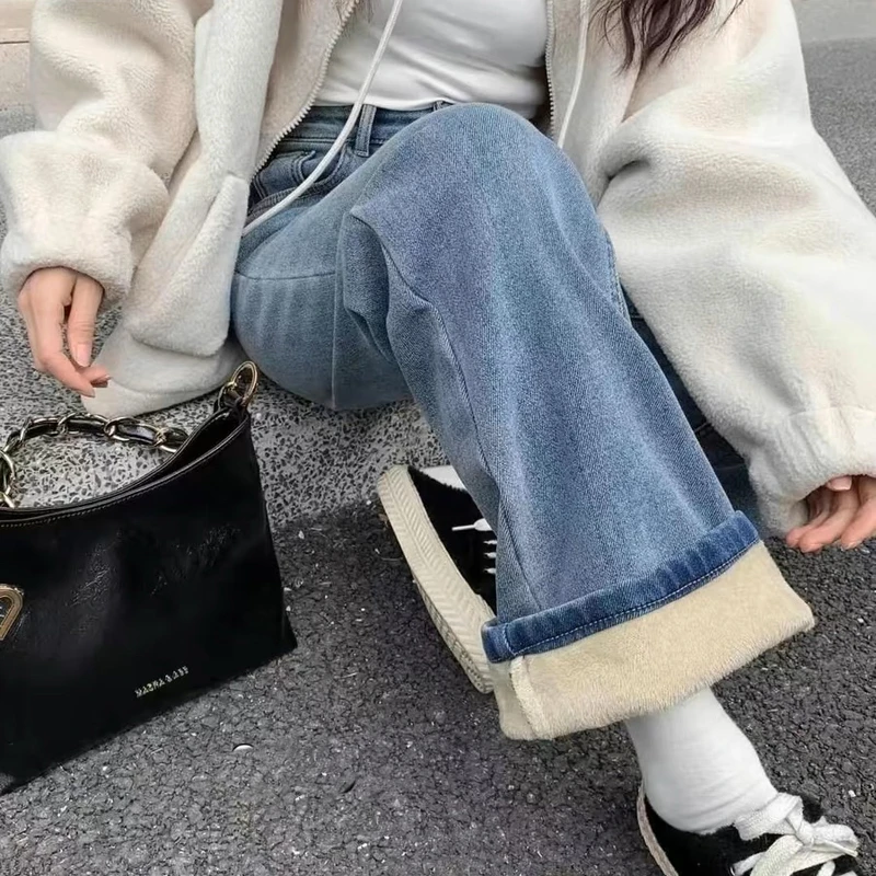 冰川蓝窄版弹力直筒加绒显瘦浅色阔腿牛仔裤显高百搭垂感 2833