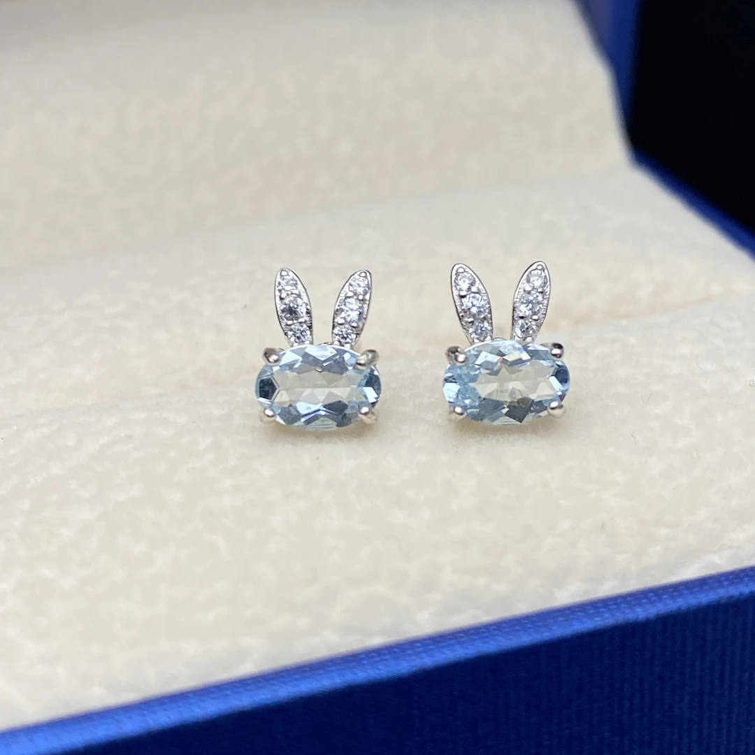 兔子天然海蓝宝石耳钉通体S925银主石4*6mm简约精致可爱设计百搭
