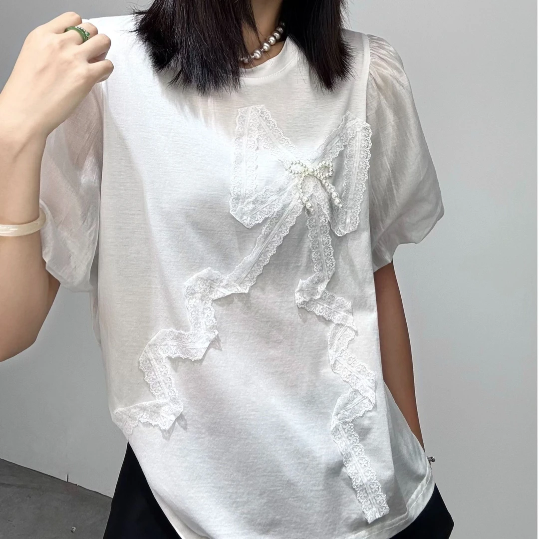 8830#夏季新款显瘦穿搭拼接蝴蝶结蕾丝钉珠泡泡袖T恤