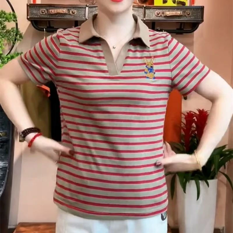 翻宽松女装条纹短袖T恤夏季新款妈妈上衣显瘦洋气百搭打底