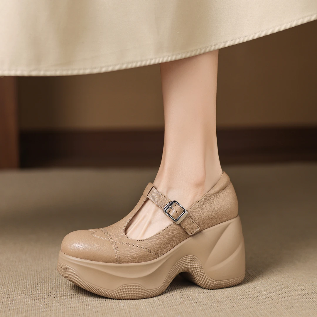 小个子手工女鞋9cm~久穿不累脚厚底坡跟鞋杏色圆头皮带扣玛丽珍鞋