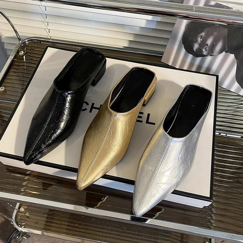 高级极简金色纹理软皮尖头包头拖平底凉拖鞋外穿女夏季穆勒鞋凉鞋