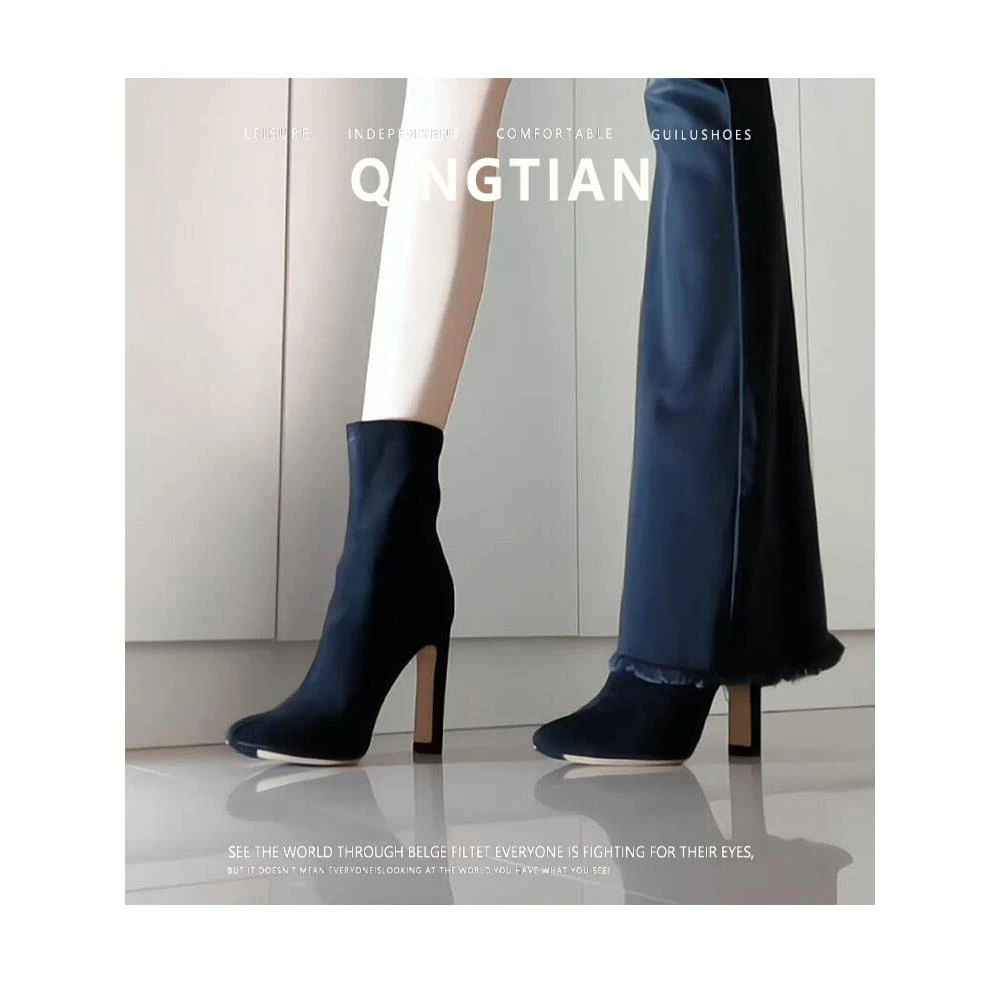 尖头高跟短靴女2025年秋冬新款法式黑色绒面粗跟弹力瘦瘦靴高跟鞋