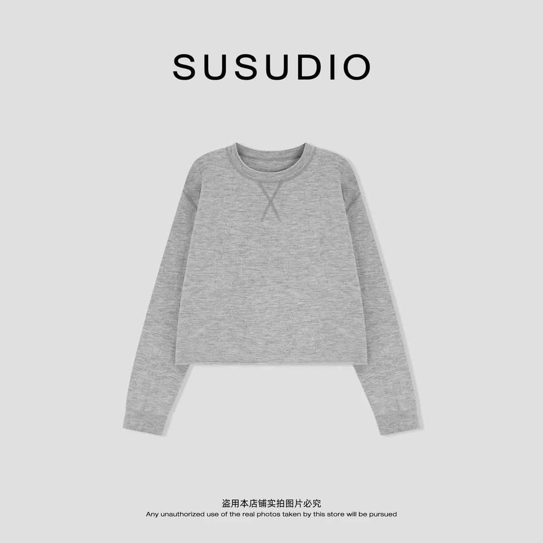 SUSUDIO 羊毛 慵懒极简舒适亲肤卷边圆领软糯长袖毛衣 10648