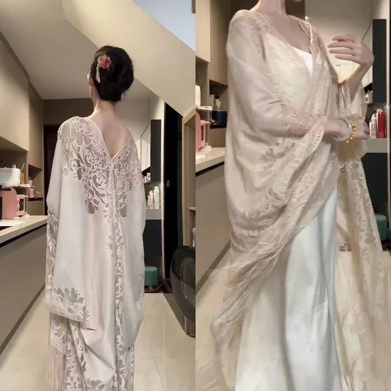 旗袍专用披肩薄款春夏优雅女防晒蕾丝新中式气质外搭镂空流苏外披