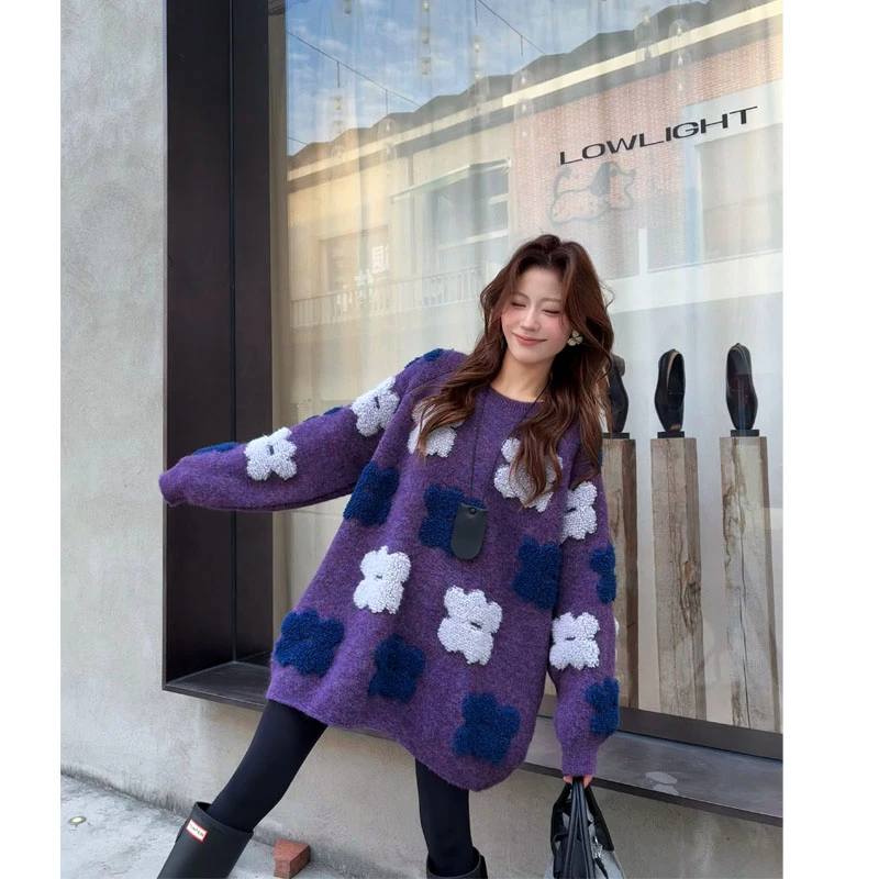 Basic House/百家好新款宽松慵懒软糯立体提花毛衣B0825C51502