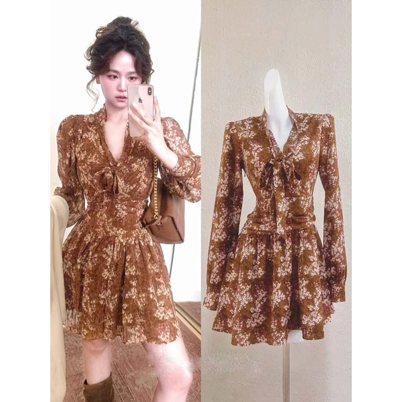 【有里布】温柔碎花连衣裙新款V领飘带收腰超火爆短裙HY0064