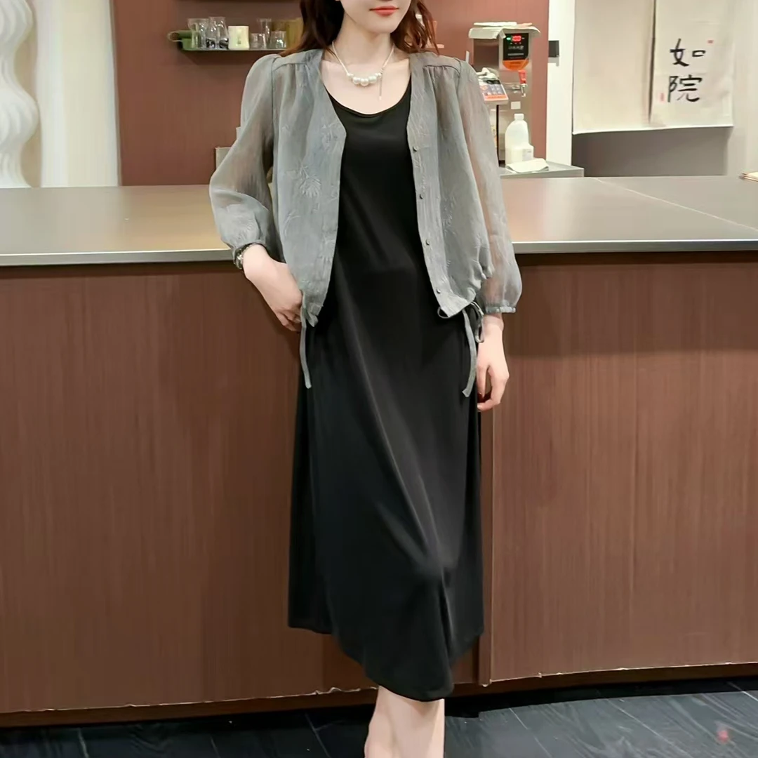 【夏季新款】韩版薄款吊带连衣裙薄款小衫套装CS6132衣长50裙长112