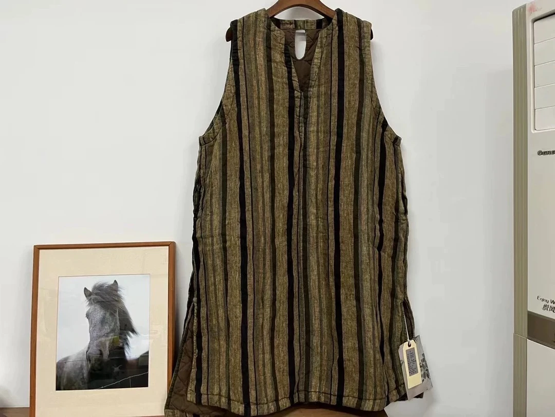 依梦分享-荼家33399亚麻百搭 条纹 长款马甲 长110.围140